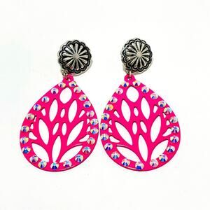 Viola Teardrop Stud Back Earrings Large Hot Pink Rhinestone Boho Metal